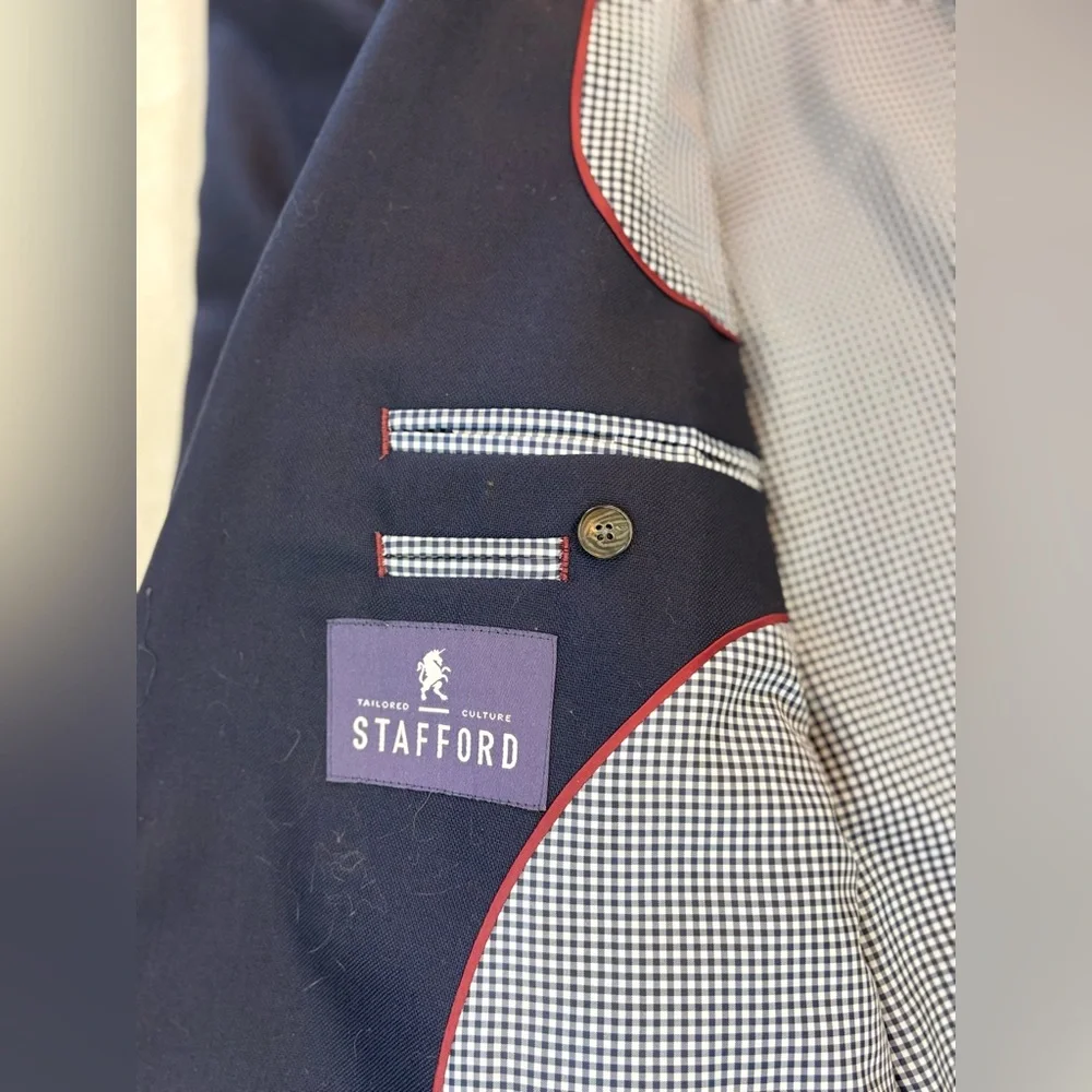 STAFFORD Hopsack Navy Blazer Gold Button Blue Gingham Preppy Wool Business 44L‎